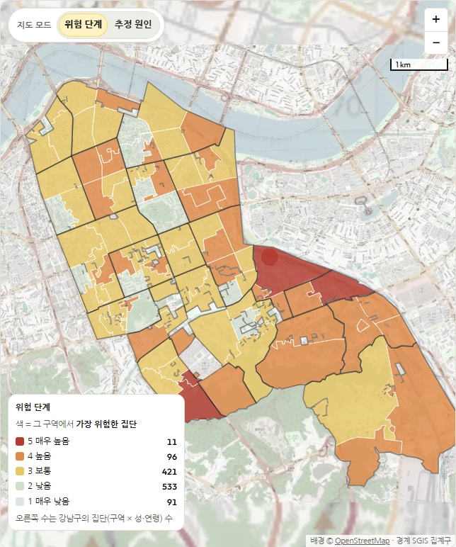 지역 화면의 지도. 왼쪽 위에서 지도 모드를 바꾸고, 왼쪽 아래 범례에서 단계별 집단 수를 봅니다.