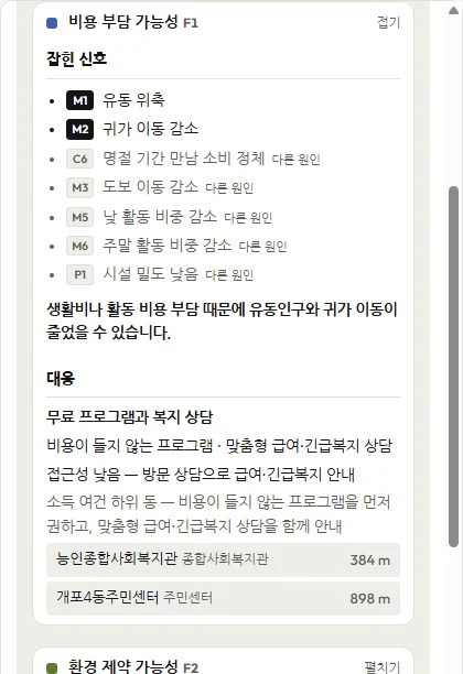 원인 카드를 펼친 모습. 잡힌 신호, 이유 한 줄, 대응과 가까운 시설 순서입니다.